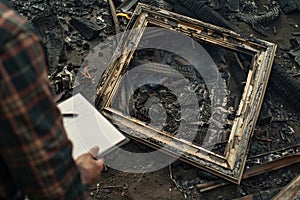 burnt frame in the aftermath of fire, observer with notepad photo