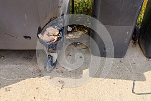 A burnt hole in a plastic trash can or bin. Background with selective focus