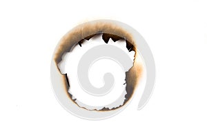 burnt holes in a piece of paper isolated on white background