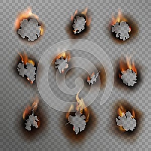 Burnt holes. Scorched paper hole, burned brown edge with flame. Fire in cracked dirty hole, realistic vector set