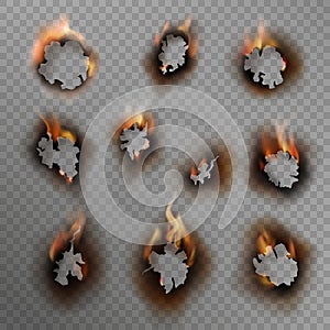 Burnt holes. Scorched paper hole, burned brown edge with flame. Fire in cracked dirty hole, realistic vector set photo