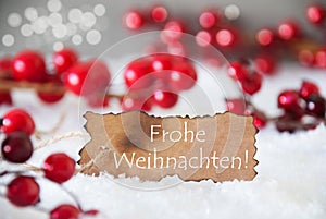 Burnt Label, Snow, Bokeh, Text Frohe Weihnachten Means Merry Christmas