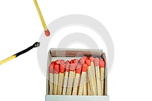 Burnt match and red match and open Box of Matches isolated on a white background