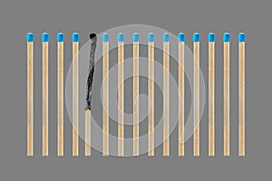 A burnt match in a row of whole matches, isolated on a gray background