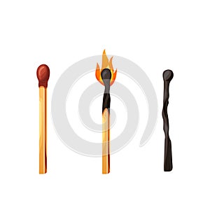 Burnt match stick with fire. Whole, ignite wooden matchstick. Cartoon safety isolated on white background. Vector set