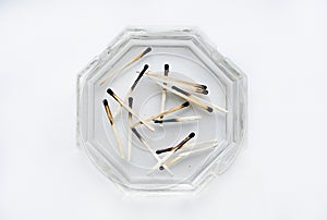 Burnt matches in a glass ashtray. Emotional burnout photo