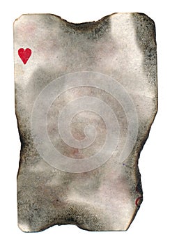 Burnt old dirty playing card paper with heart symbol background