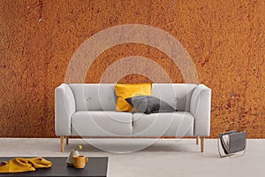 Burnt orange wabi sabi living room interior with grey couch with yellow and black pillows and newspaper rack photo