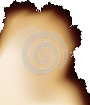 Burnt paper hole, page edges and corner. 3d vector with realistic fire flame, ashe and brown burns. Destroyed paper or