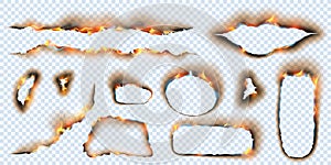 Burnt paper holes isolated set. realistic fire scorched and torn edges of paper sheets with burned damages on sides and