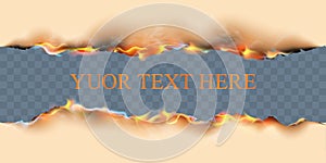 Burnt paper realistic set with isolated upper and lower borders of burning sheet with editable text and flames of fire