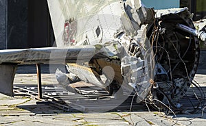 Burnt parts of the destroyed Russian Air Force combat helicopter Hind Crocodile. The wreckage of a downed helicopter. War in