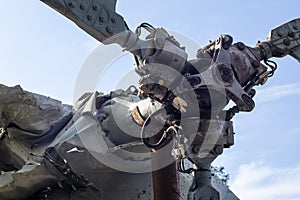 Burnt parts of the destroyed Russian Air Force combat helicopter Hind Crocodile. The wreckage of a downed helicopter. War in