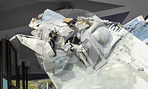 Burnt parts of the destroyed Russian Air Force combat helicopter Hind Crocodile. The wreckage of a downed helicopter. War in