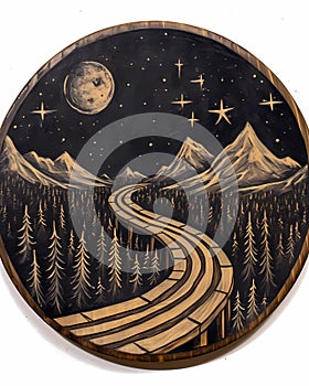 burnt picture, pyrography, starry sky and mountains, trail o, generated by AI, generative assistant.