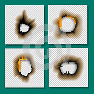 Burnt piece burned faded paper hole realistic fire flame isolated page sheet torn ash vector illustration