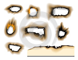 Burnt piece burned faded paper hole realistic fire flame isolated page sheet torn ash vector illustration