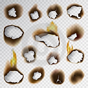 Burnt piece burned faded paper hole realistic fire flame page sheet torn ash vector illustration