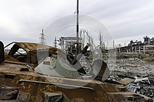 Burnt tank and destroyed buildings of the Azovstal plant shop in Mariupol