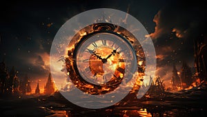 Burnt time. A clock engulfed in flames against a dark background