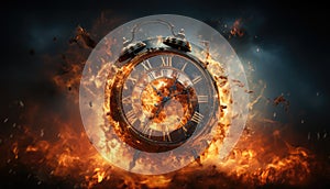 Burnt time. A clock engulfed in flames against a dark background