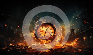 Burnt time. A clock engulfed in flames against a dark background