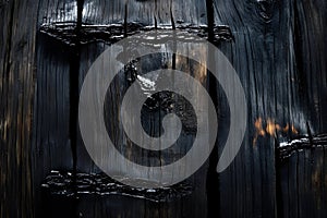 Burnt wood background featuring visible charring lines and cracked textures, adding dramatic rustic and abstract design elements
