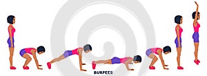 Burpee. Burpees. Sport exersice. Silhouettes of woman doing exercise. Workout, training photo