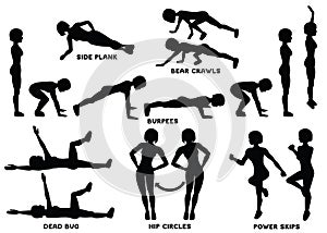 Burpees, bear crawls, hip circles, dead bug, side plank, power skips. Sport exersice. Silhouettes of woman doing exercise. Workout