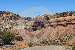 Burr Trail Road passes under Moenkopi and Chinle formations in the Grand Staircase-Escalante National Monument, Utah, USA