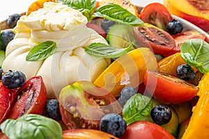Burrata cheese salad with grilled peaches, tomatoes, blueberries, cucumber and basil. Close up. Healthy diet food
