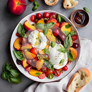 Burrata cheese salad with peaches, tomatoes, cranberries and basil on a gray background. Close up, top view. Healthy diet food