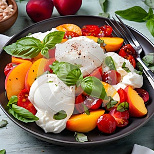 Burrata cheese salad with peaches, tomatoes, cranberries and basil on a light gray background. Close up. Healthy diet food concept