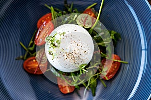 Burrata with paprika-truffle jam and cherry-cluster tomato salad. Delicious healthy Italian traditional food closeup