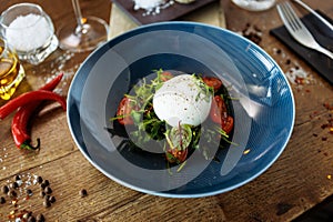 Burrata with paprika-truffle jam and cherry-cluster tomato salad. Delicious healthy Italian traditional food closeup