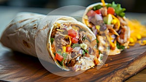 Burrito con carne, traditional Mexican food for Cinqo de Mayo. Grilled chicken burrito with veggie filling. Hearty burrito with photo