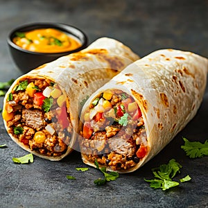 A burrito cut in half with a side of salsa