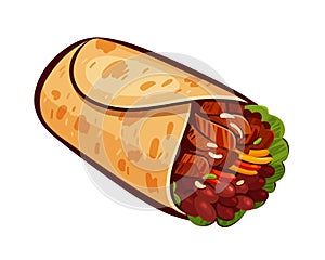 Burrito. Element of restaurant menu or eatery. Mexican food, meal, eating concept. Cartoon vector illustration