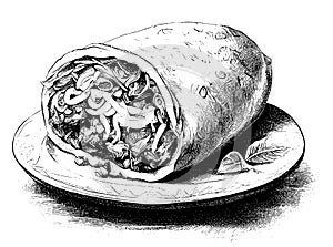 Burrito latin american food hand drawn engraving sketch Restaurant business concept