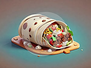 Burrito meat vegetables blue plate rustic table