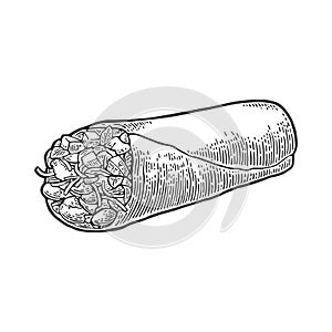 Burrito - mexican traditional food. Vector black vintage