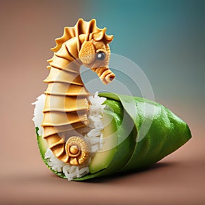 A burrito shaped like a seahorse, with rice body and avocado fins5 photo