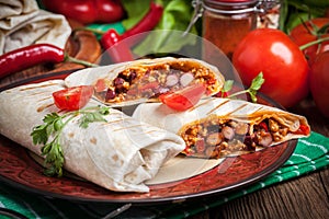 Burritos filled wiht minced meat, bean and vegetables.