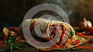 burritos with meat, vegetables and garlic, shawarma, kebab