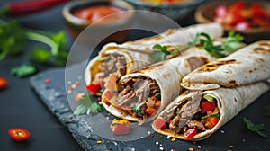 Burritos wraps with beef and vegetables on black background