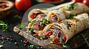 Burritos wraps with beef and vegetables on black background