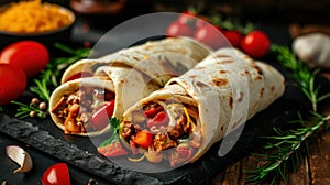 Burritos wraps with beef and vegetables on black background