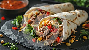 Burritos wraps with beef and vegetables on black background