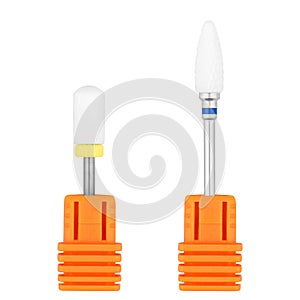 Burs for manicure ad pedicure, ceramic nail drill bit. Medical instrument. On isolated white background.