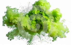 A burst of bright green holi paint color powder explosion isolated on a white background, holi celebration